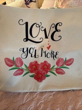 Love You More Floral Wall Art Pillow Cover - Pink Red